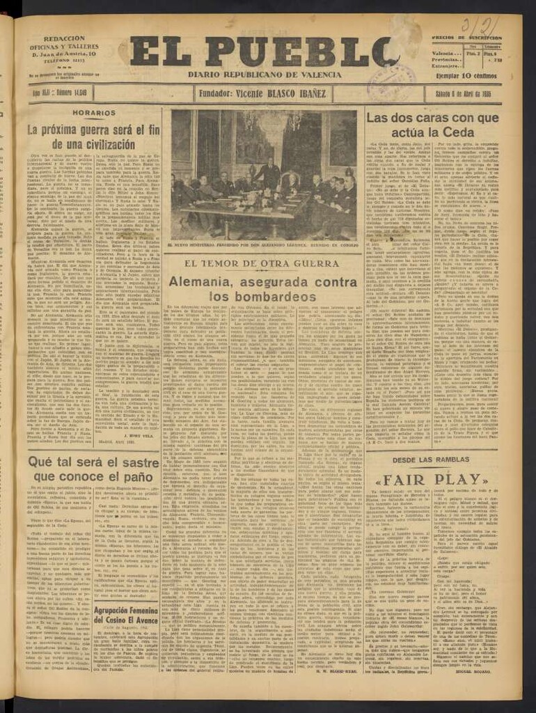 Miniatura de El Pueblo : Diario republicano de Valencia del 6 de abril de 1935, nº 14.649