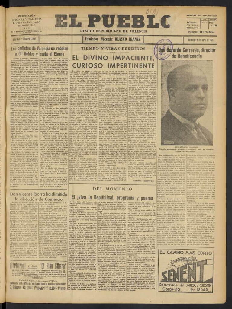 Miniatura de El Pueblo : Diario republicano de Valencia del 7 de abril de 1935, nº 14.650