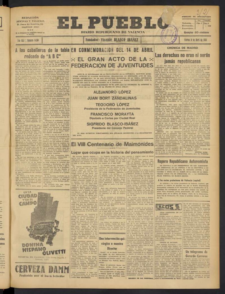 Miniatura de El Pueblo : Diario republicano de Valencia del 9 de abril de 1935, nº 14.651