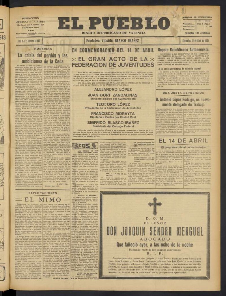Miniatura de El Pueblo : Diario republicano de Valencia del 10 de abril de 1935, nº 14.652