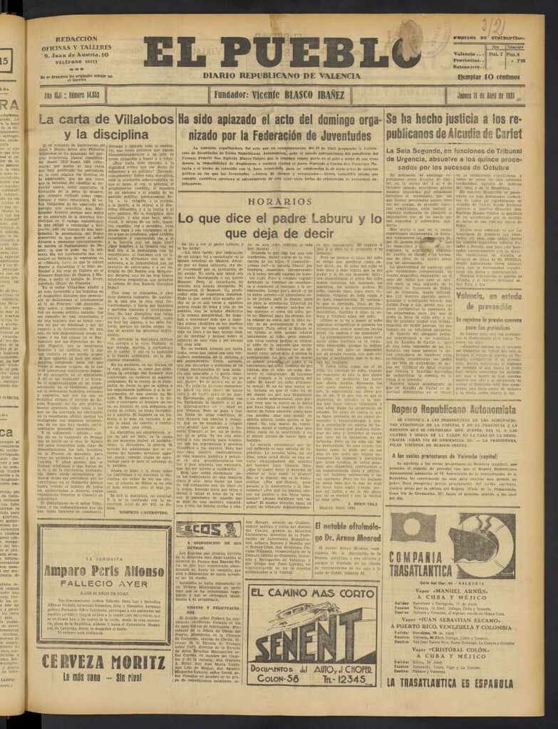 Miniatura de El Pueblo : Diario republicano de Valencia del 11 de abril de 1935, nº 14.653