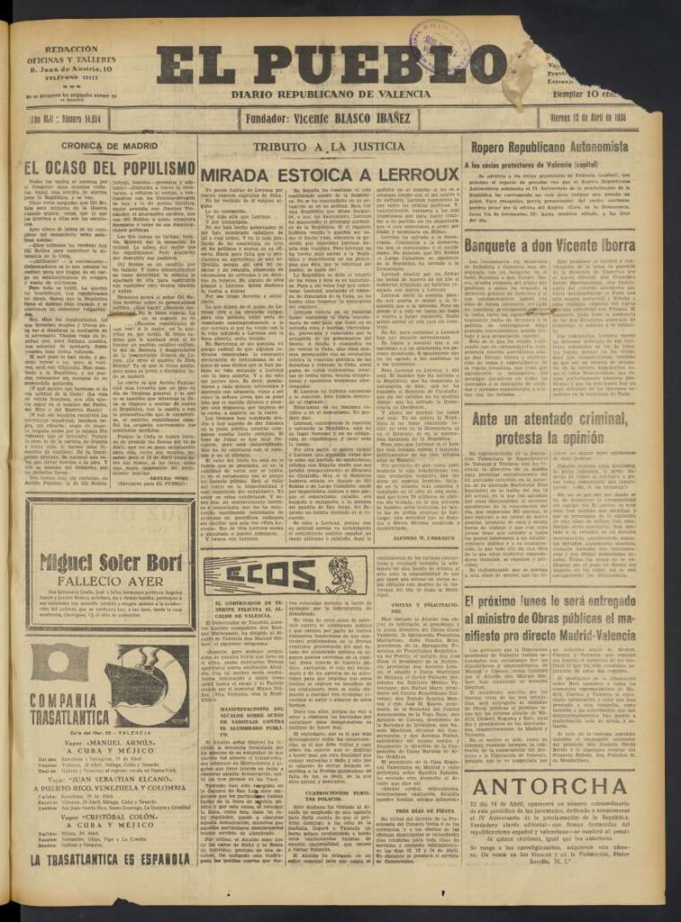 Miniatura de El Pueblo : Diario republicano de Valencia del 12 de abril de 1935, nº 14.654