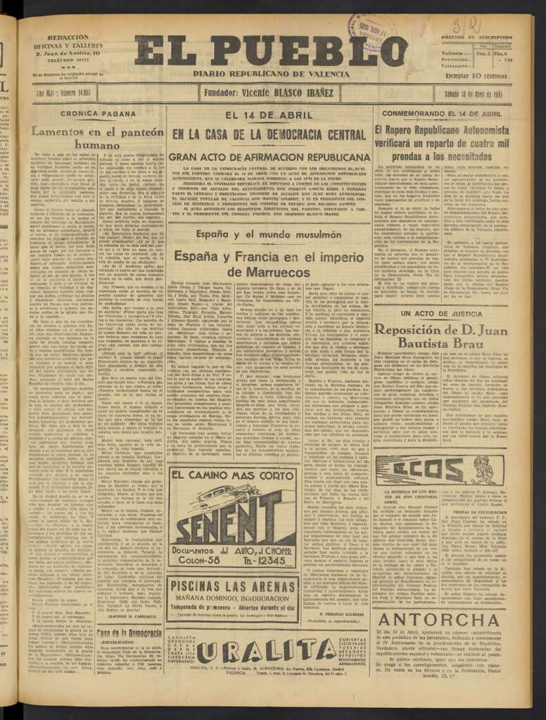 Miniatura de El Pueblo : Diario republicano de Valencia del 13 de abril de 1935, nº 14.655