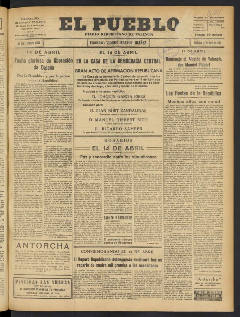 Miniatura de El Pueblo : Diario republicano de Valencia del 14 de abril de 1935, nº 14.656