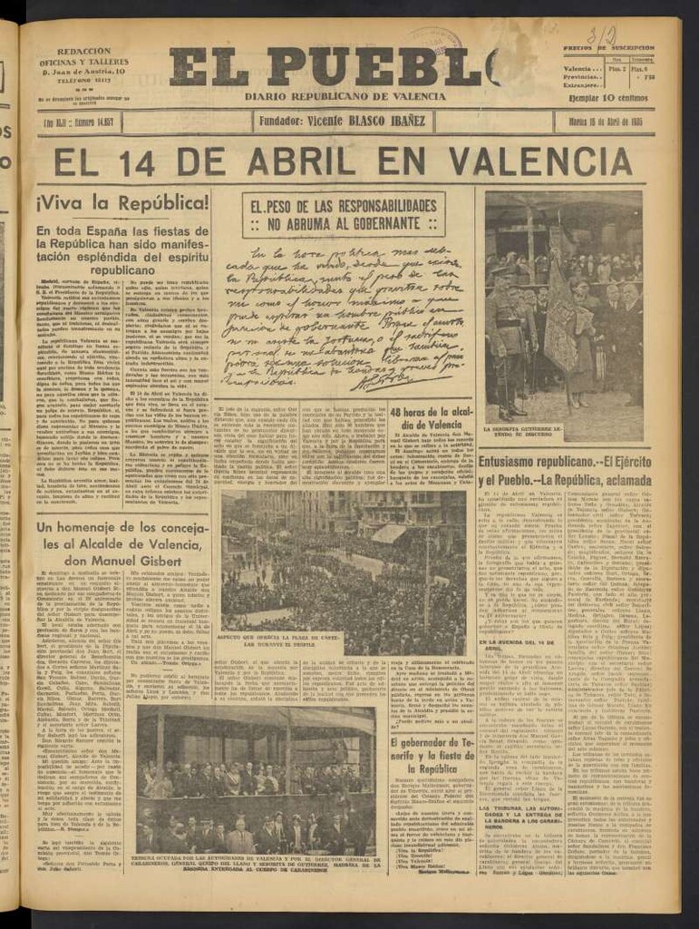 Miniatura de El Pueblo : Diario republicano de Valencia del 16 de abril de 1935, nº 14.657