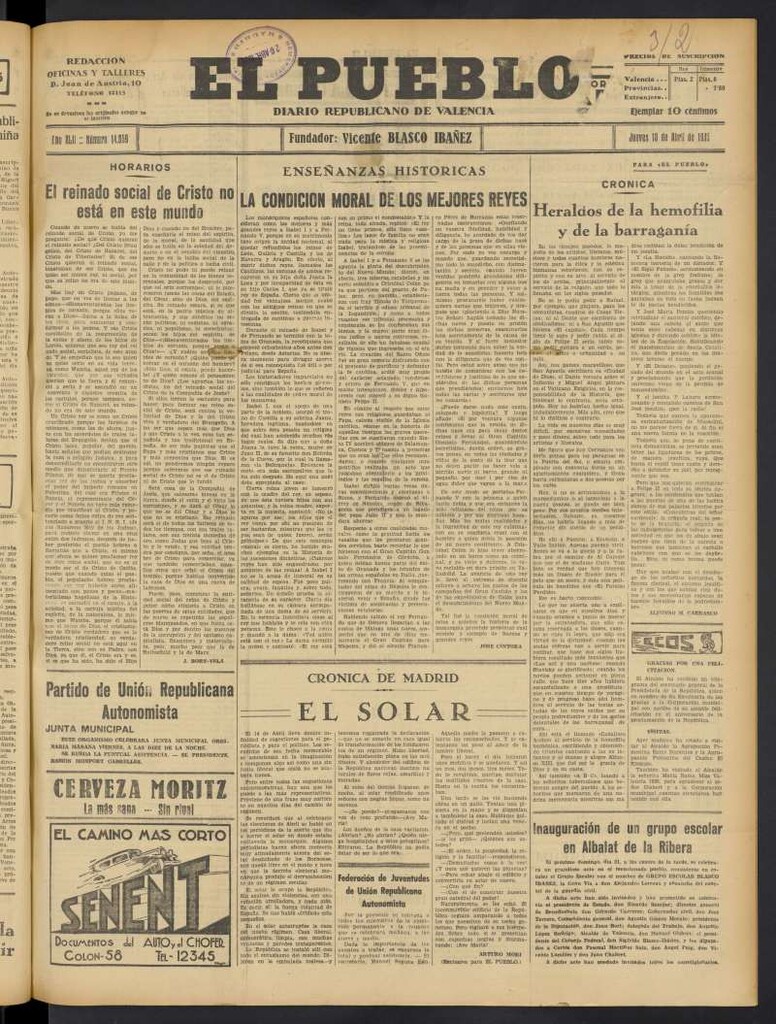 Miniatura de El Pueblo : Diario republicano de Valencia del 18 de abril de 1935, nº 14.659