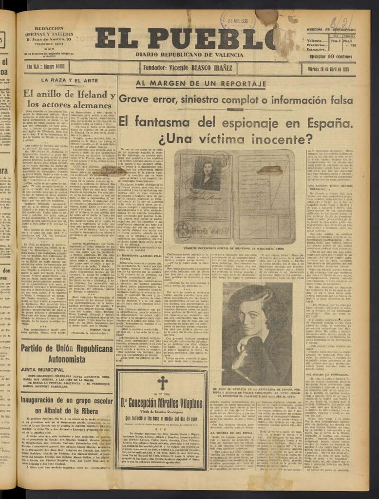 Miniatura de El Pueblo : Diario republicano de Valencia del 19 de abril de 1935, nº 14.660