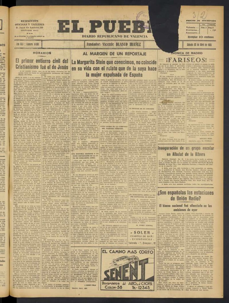 Miniatura de El Pueblo : Diario republicano de Valencia del 20 de abril de 1935, nº 14.661