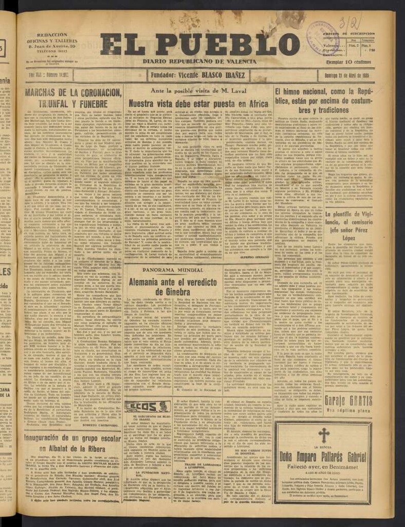 Miniatura de El Pueblo : Diario republicano de Valencia del 21 de abril de 1935, nº 14.662