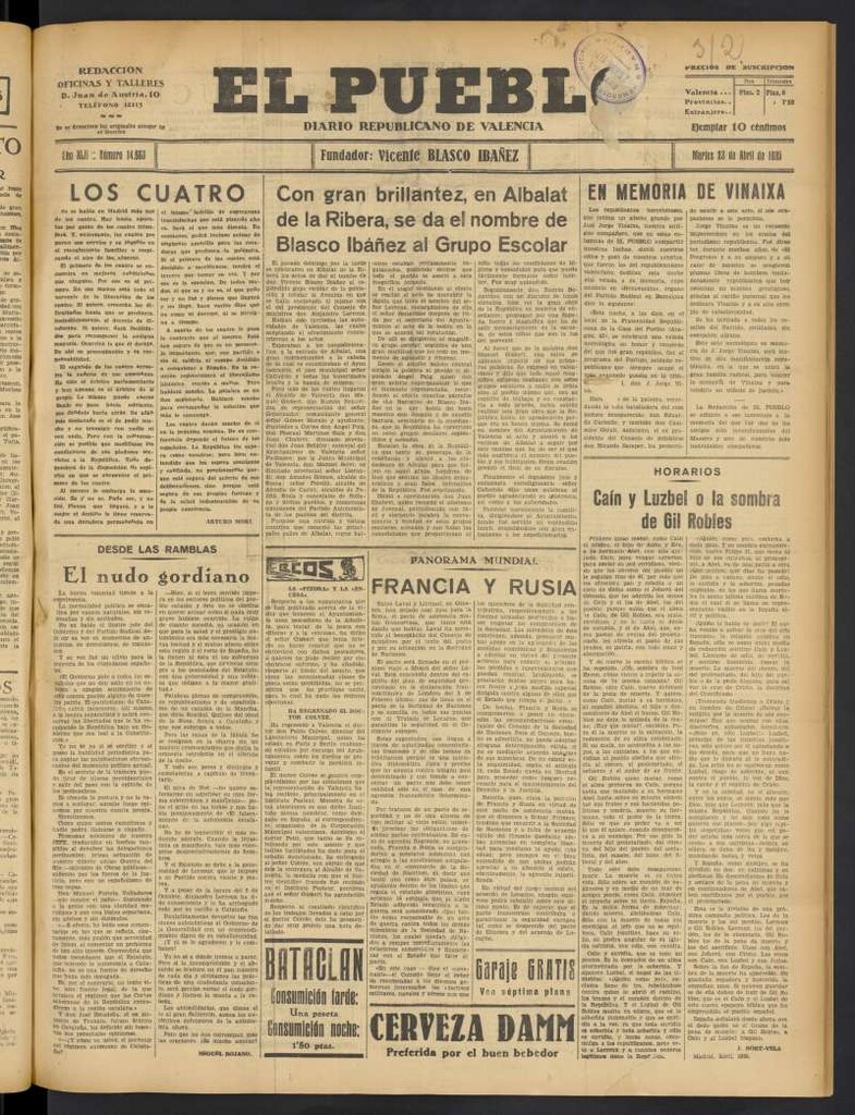 Miniatura de El Pueblo : Diario republicano de Valencia del 23 de abril de 1935, nº 14.663
