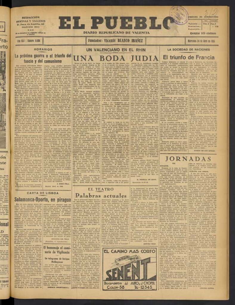 Miniatura de El Pueblo : Diario republicano de Valencia del 24 de abril de 1935, nº 14.664