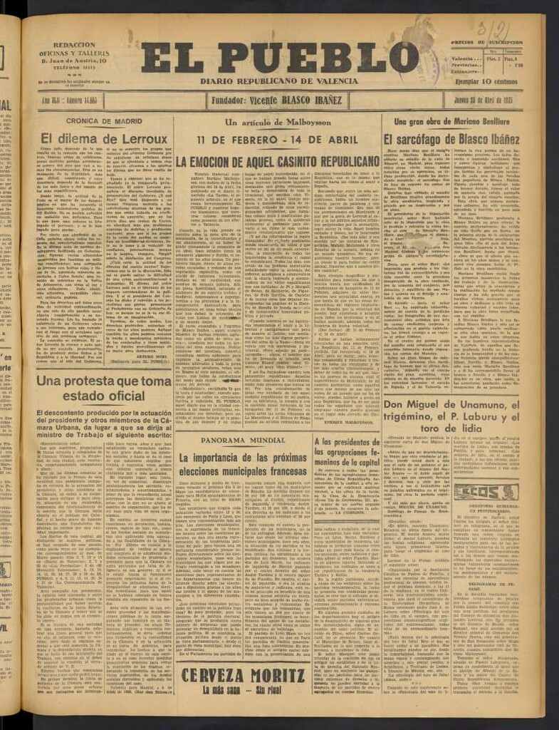 Miniatura de El Pueblo : Diario republicano de Valencia del 25 de abril de 1935, nº 14.665