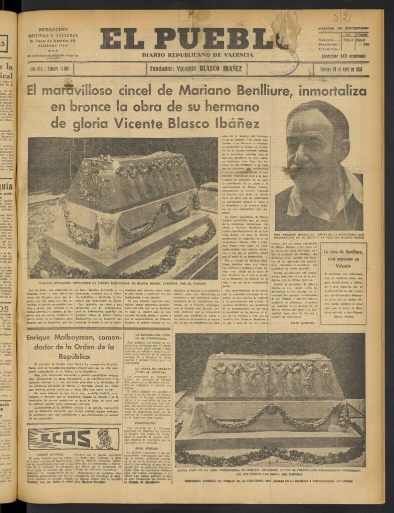 Miniatura de El Pueblo : Diario republicano de Valencia del 26 de abril de 1935, nº 14.666