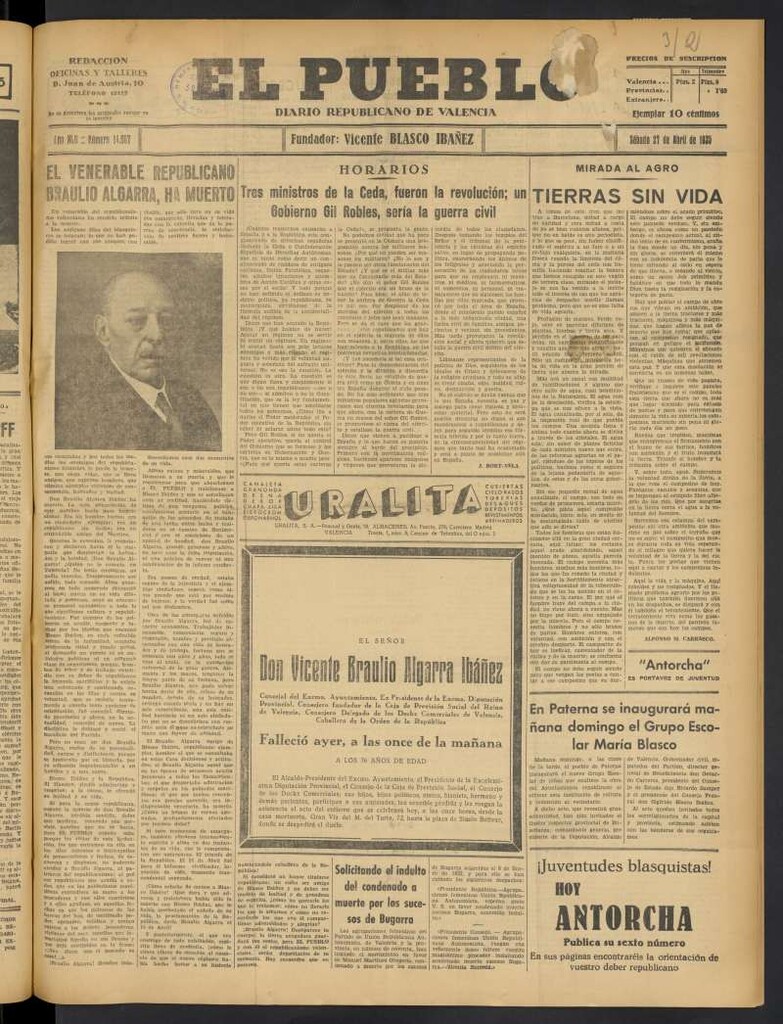 Miniatura de El Pueblo : Diario republicano de Valencia del 27 de abril de 1935, nº 14.667