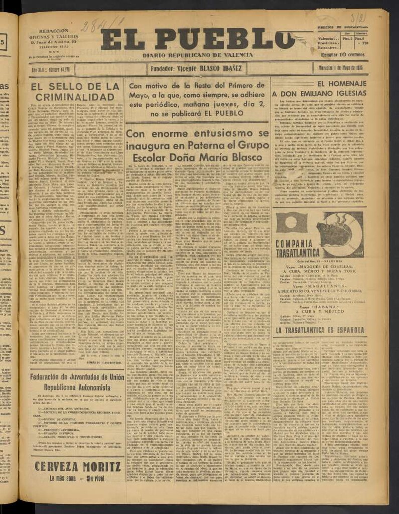 Miniatura de El Pueblo : Diario republicano de Valencia del 1 de mayo de 1935, nº 14.670