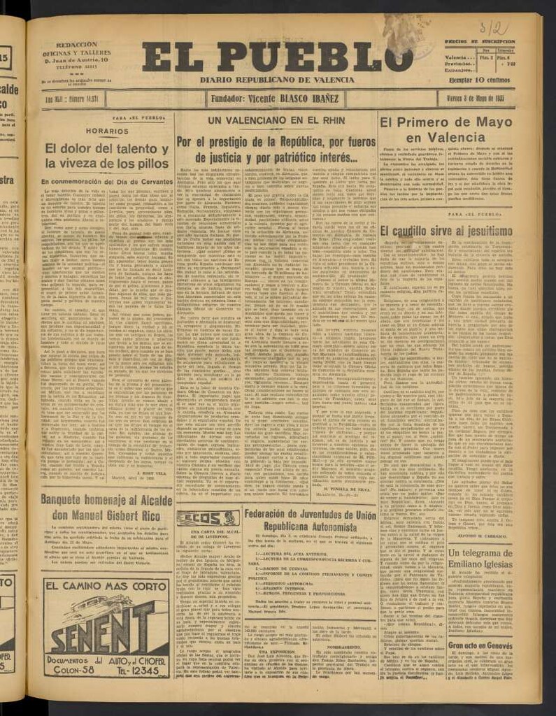 Miniatura de El Pueblo : Diario republicano de Valencia del 3 de mayo de 1935, nº 14.671