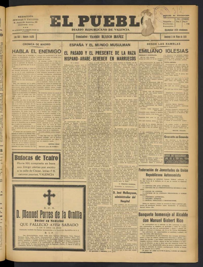 Miniatura de El Pueblo : Diario republicano de Valencia del 5 de mayo de 1935, nº 14.673