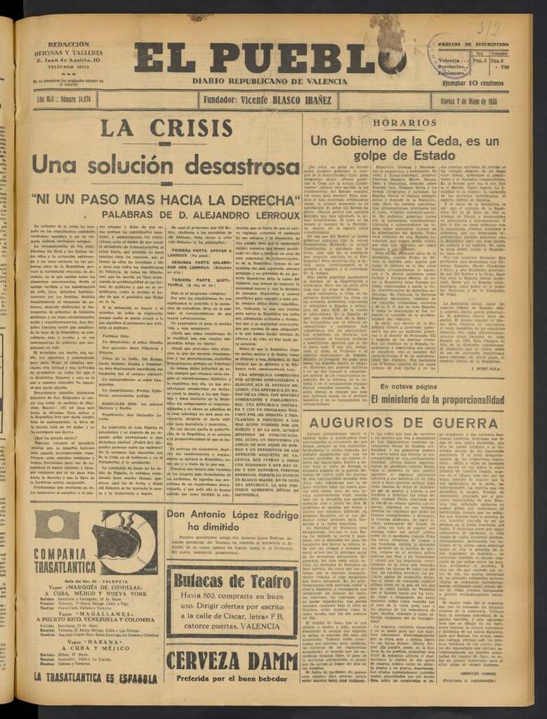 Miniatura de El Pueblo : Diario republicano de Valencia del 7 de mayo de 1935, nº 14.674
