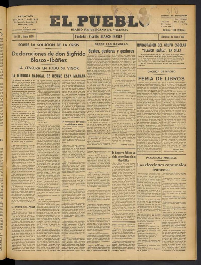 Miniatura de El Pueblo : Diario republicano de Valencia del 8 de mayo de 1935, nº 14.675