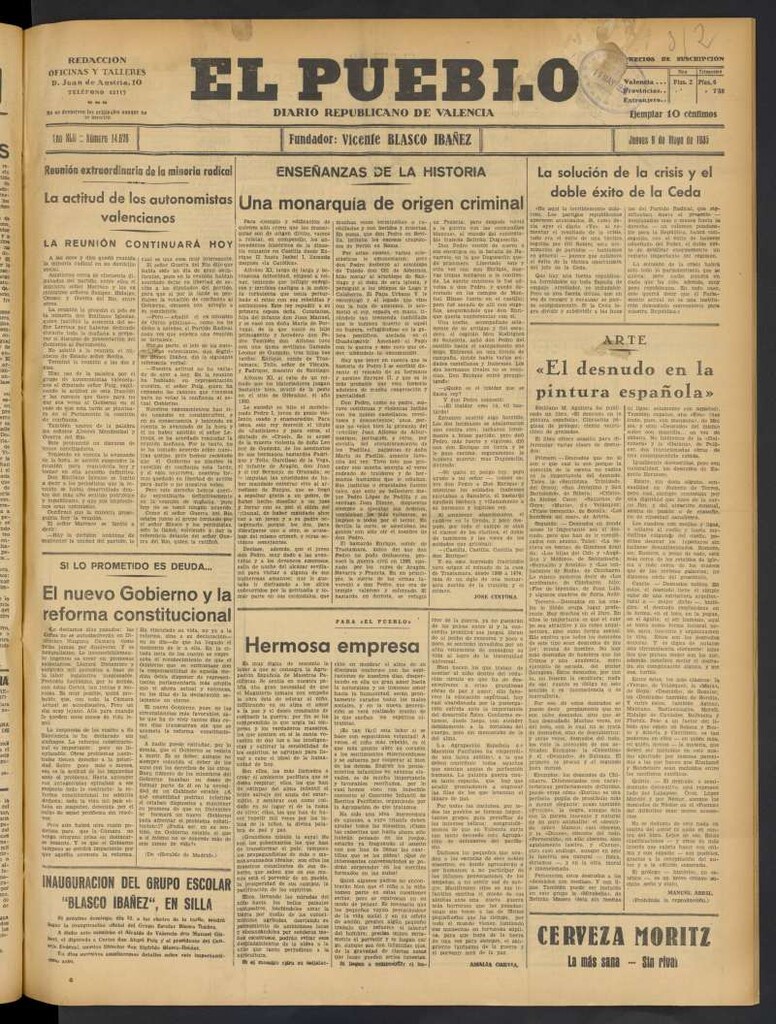 Miniatura de El Pueblo : Diario republicano de Valencia del 9 de mayo de 1935, nº 14.676