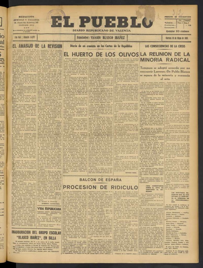 Miniatura de El Pueblo : Diario republicano de Valencia del 10 de mayo de 1935, nº 14.677