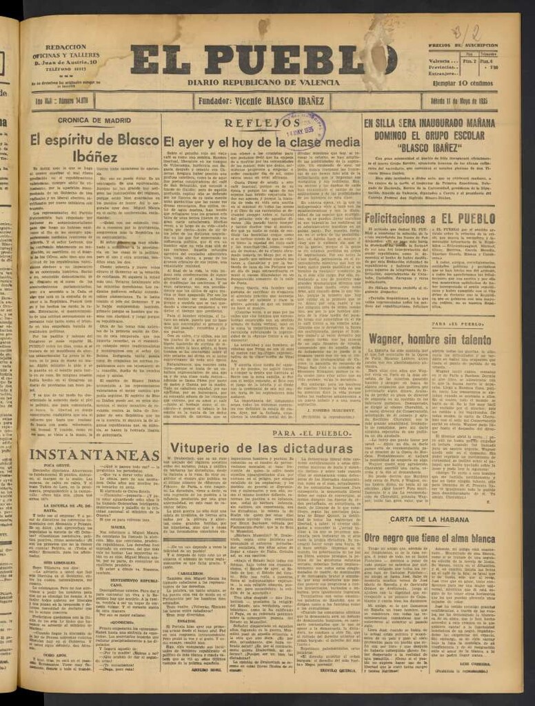 Miniatura de El Pueblo : Diario republicano de Valencia del 11 de mayo de 1935, nº 14.678