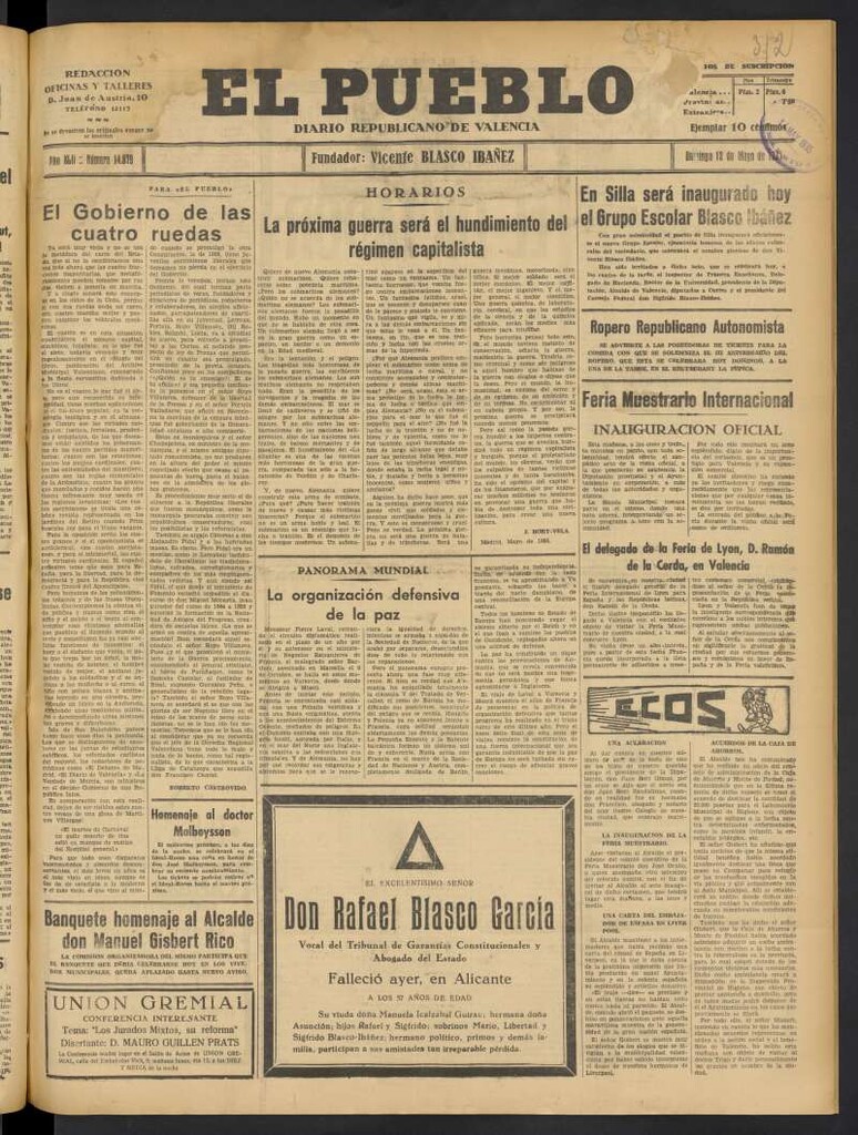 Miniatura de El Pueblo : Diario republicano de Valencia del 12 de mayo de 1935, nº 14.679
