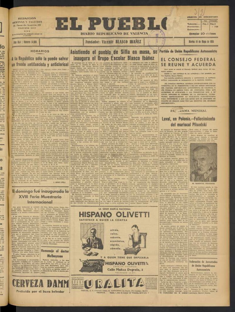 Miniatura de El Pueblo : Diario republicano de Valencia del 14 de mayo de 1935, nº 14.680
