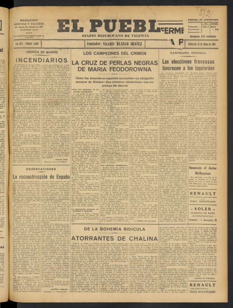 Miniatura de El Pueblo : Diario republicano de Valencia del 15 de mayo de 1935, nº 14.681