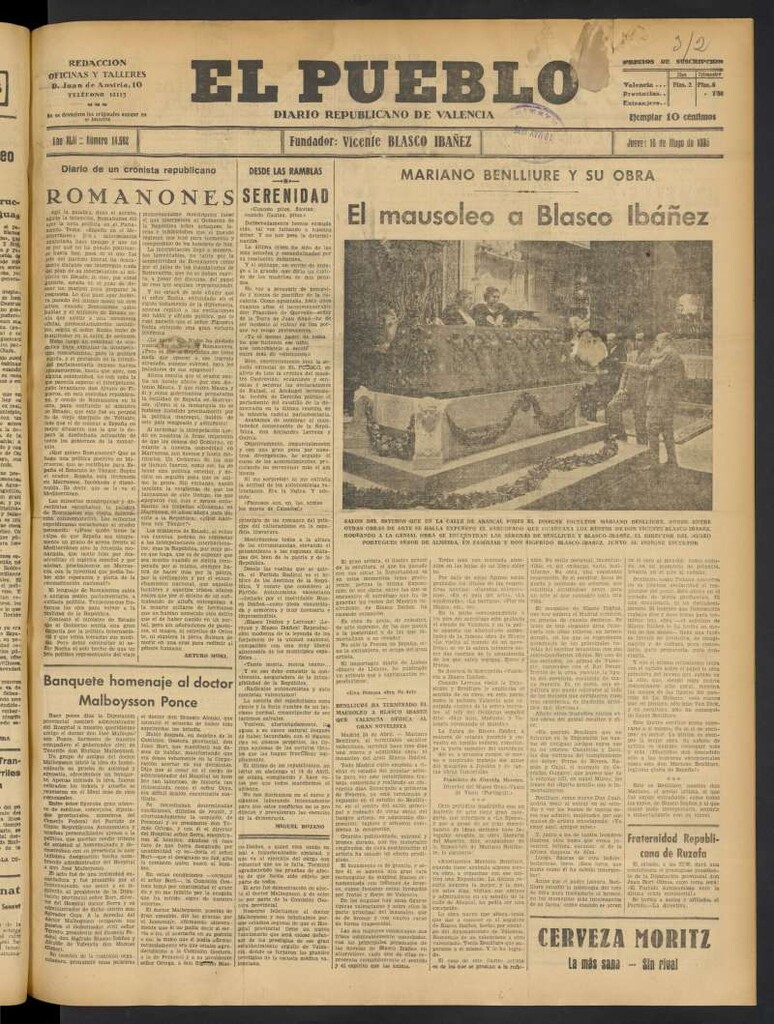 Miniatura de El Pueblo : Diario republicano de Valencia del 16 de mayo de 1935, nº 14.682