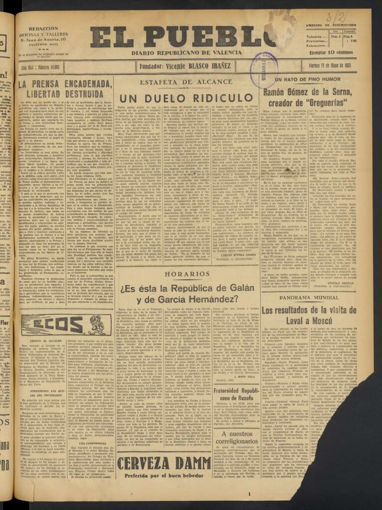 Miniatura de El Pueblo : Diario republicano de Valencia del 17 de mayo de 1935, nº 14.683