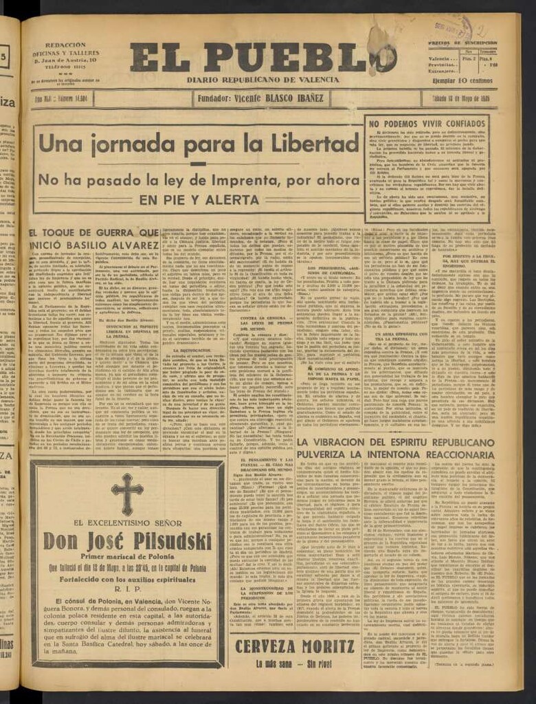 Miniatura de El Pueblo : Diario republicano de Valencia del 18 de mayo de 1935, nº 14.684