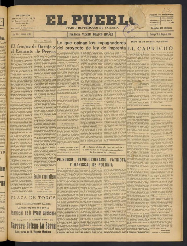 Miniatura de El Pueblo : Diario republicano de Valencia del 19 de mayo de 1935, nº 14.685