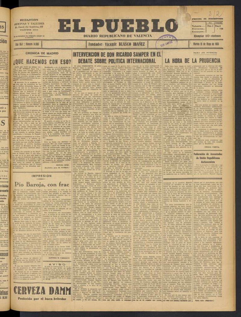 Miniatura de El Pueblo : Diario republicano de Valencia del 21 de mayo de 1935, nº 14.686