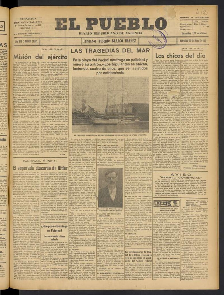 Miniatura de El Pueblo : Diario republicano de Valencia del 22 de mayo de 1935, nº 14.687