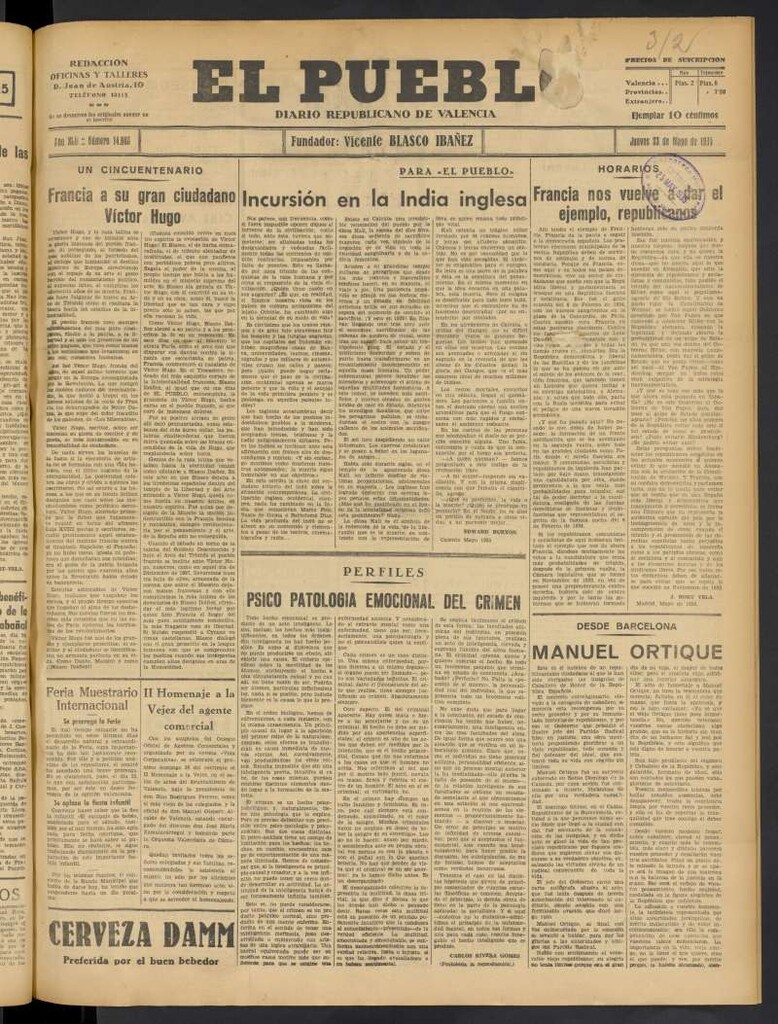Miniatura de El Pueblo : Diario republicano de Valencia del 23 de mayo de 1935, nº 14.688