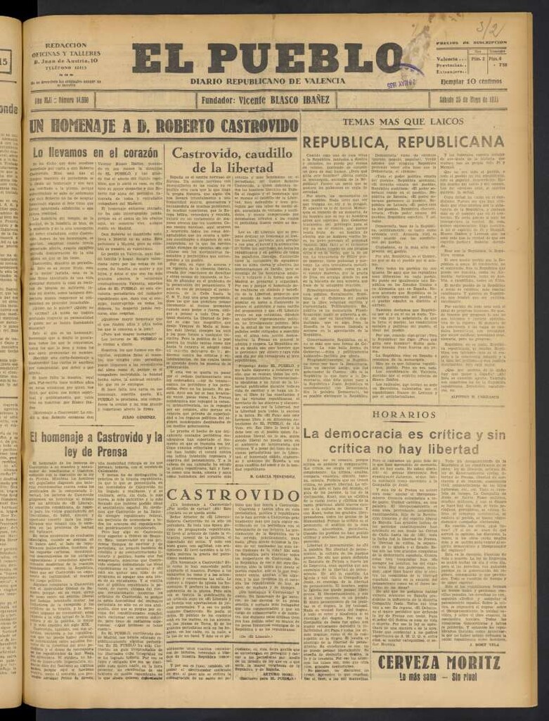 Miniatura de El Pueblo : Diario republicano de Valencia del 25 de mayo de 1935, nº 14.690