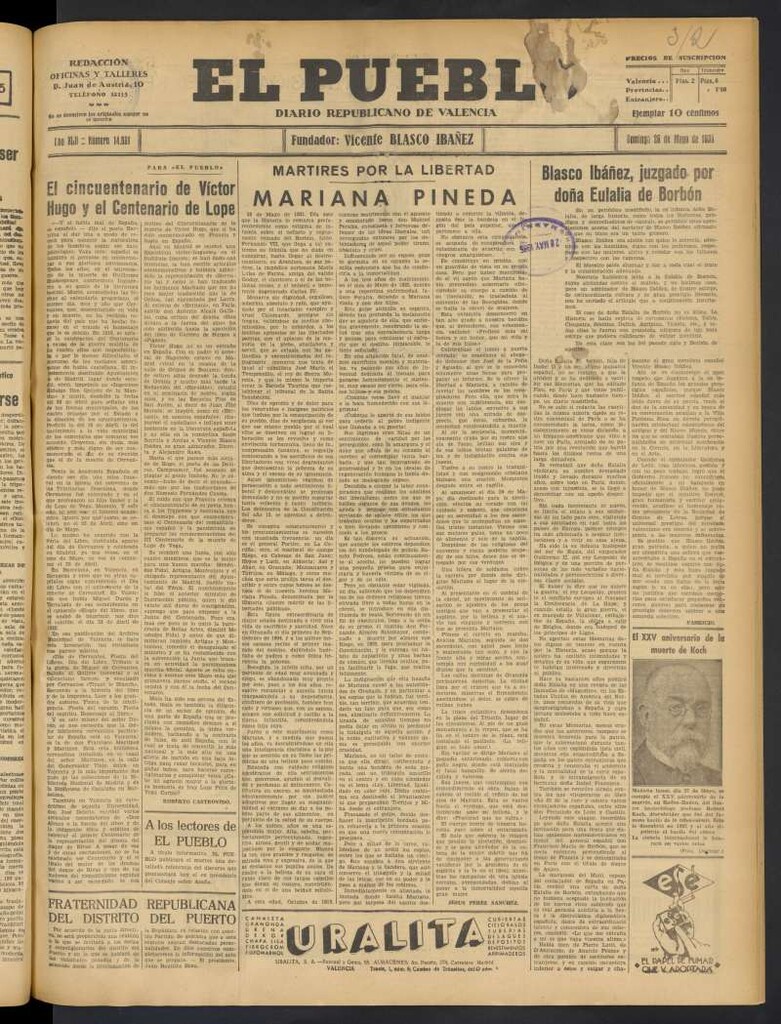 Miniatura de El Pueblo : Diario republicano de Valencia del 26 de mayo de 1935, nº 14.691