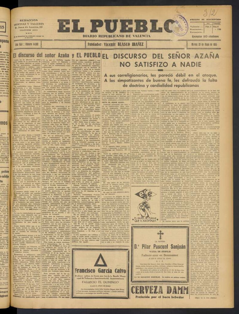 Miniatura de El Pueblo : Diario republicano de Valencia del 28 de mayo de 1935, nº 14.692