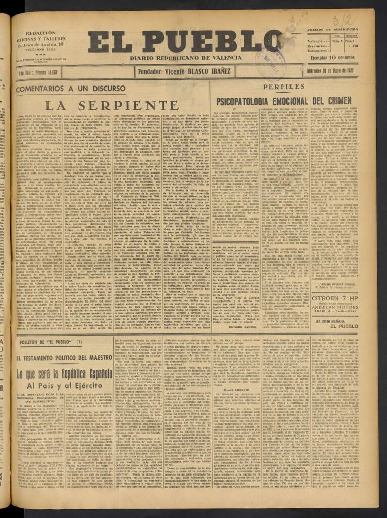Miniatura de El Pueblo : Diario republicano de Valencia del 29 de mayo de 1935, nº 14.693
