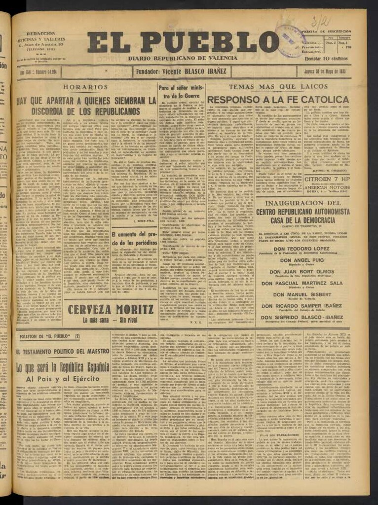 Miniatura de El Pueblo : Diario republicano de Valencia del 30 de mayo de 1935, nº 14.694