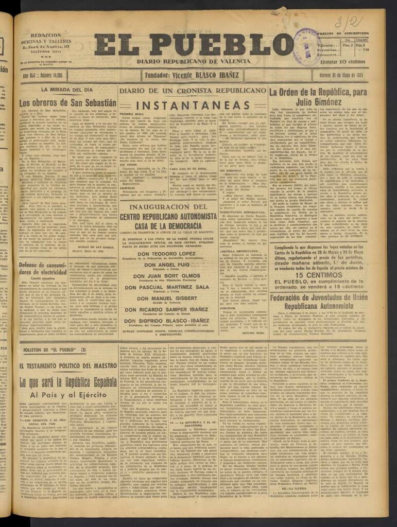 Miniatura de El Pueblo : Diario republicano de Valencia del 31 de mayo de 1935, nº 14.695