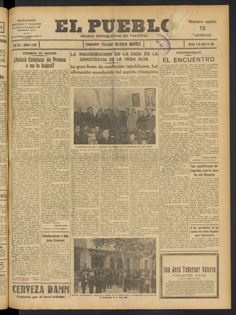 Miniatura de El Pueblo : Diario republicano de Valencia del 4 de junio de 1935, nº 14.698