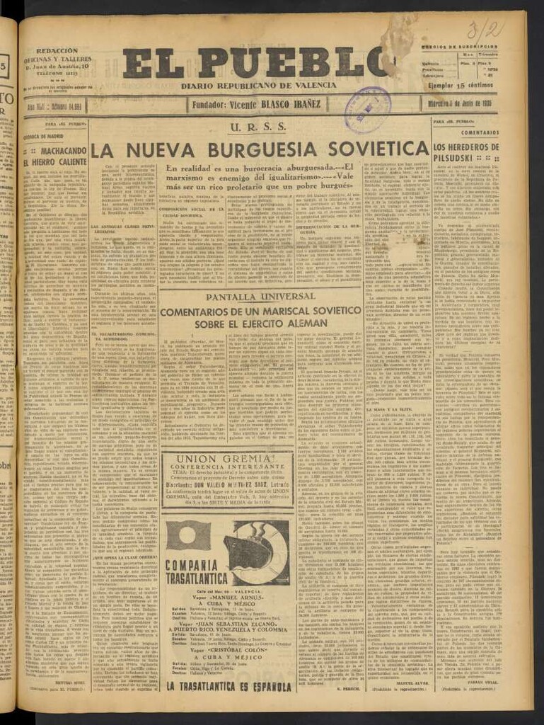 Miniatura de El Pueblo : Diario republicano de Valencia del 5 de junio de 1935, nº 14.699