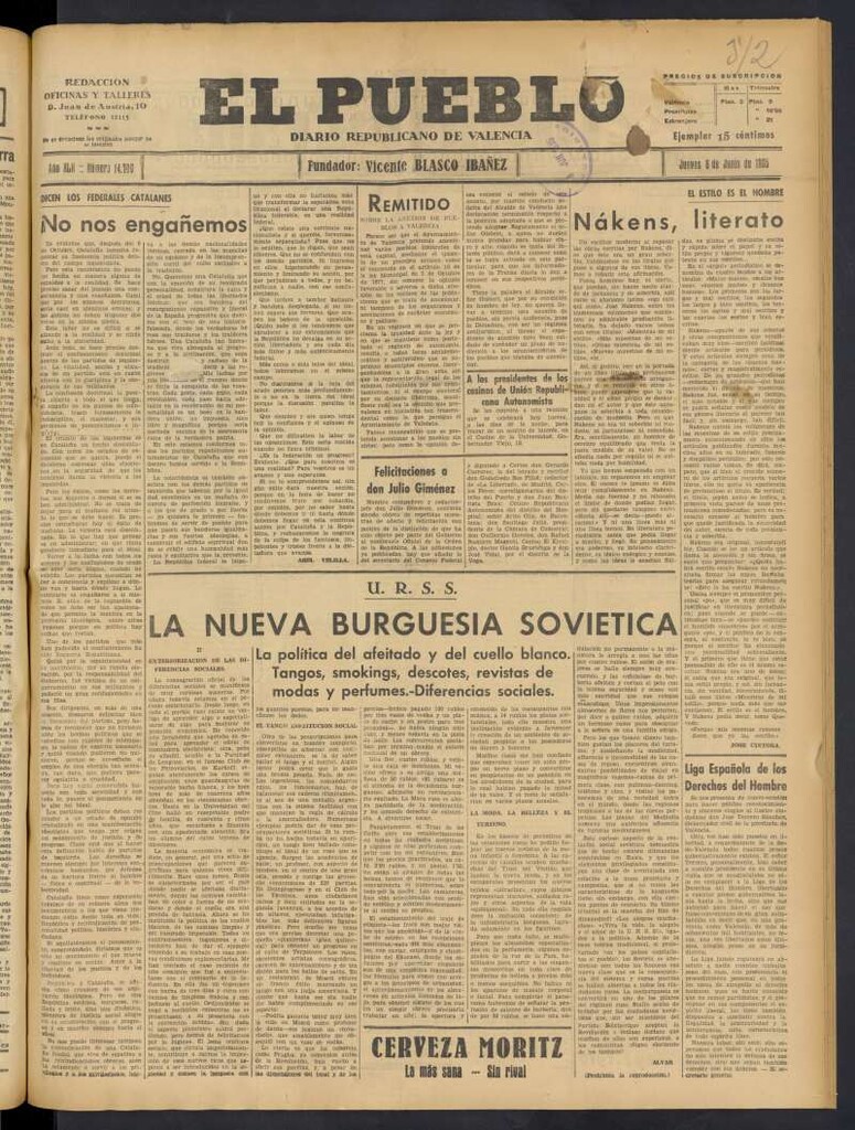 Miniatura de El Pueblo : Diario republicano de Valencia del 6 de junio de 1935, nº 14.700