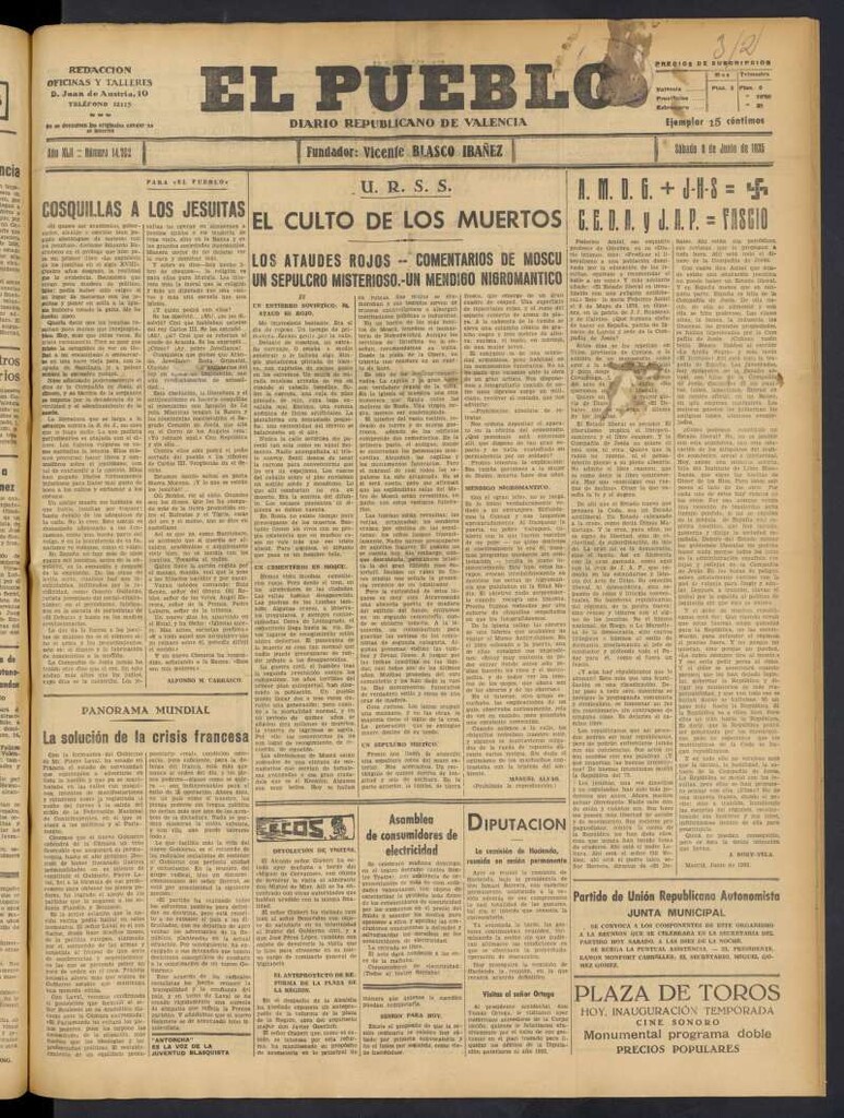 Miniatura de El Pueblo : Diario republicano de Valencia del 8 de junio de 1935, nº 14.702