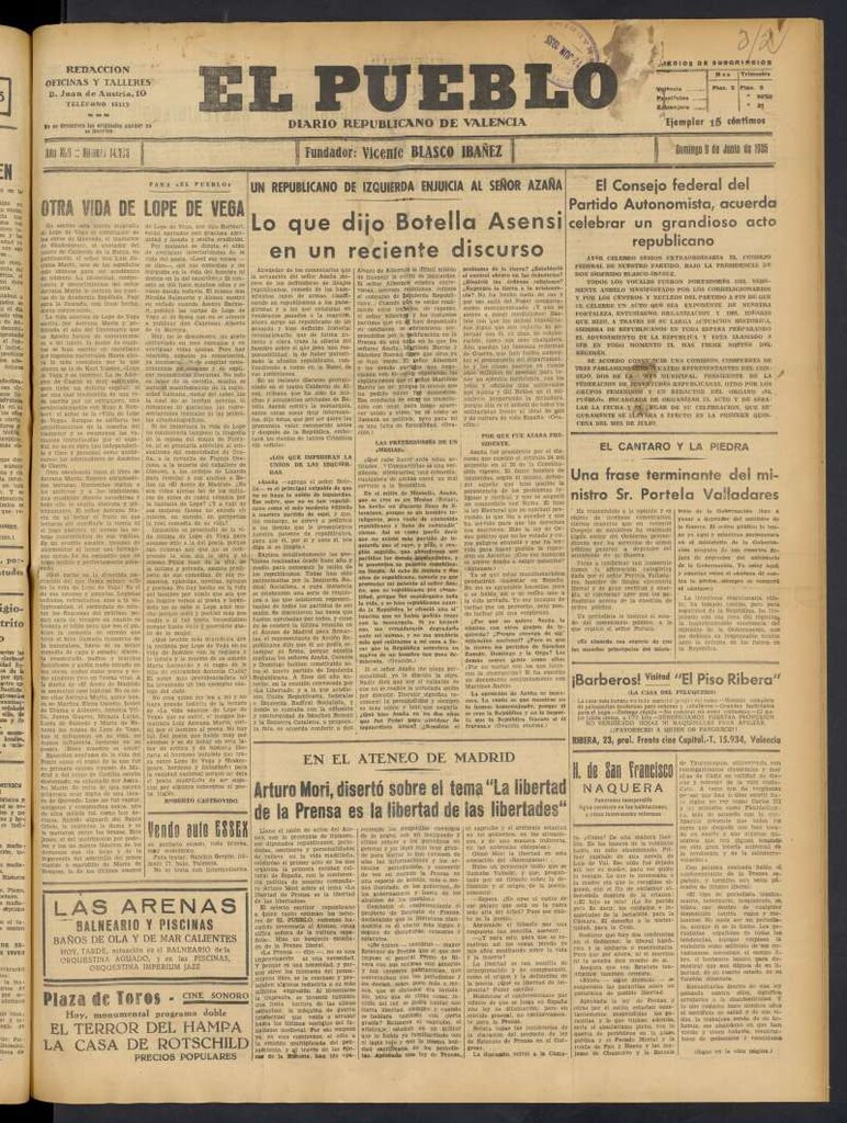 Miniatura de El Pueblo : Diario republicano de Valencia del 9 de junio de 1935, nº 14.703