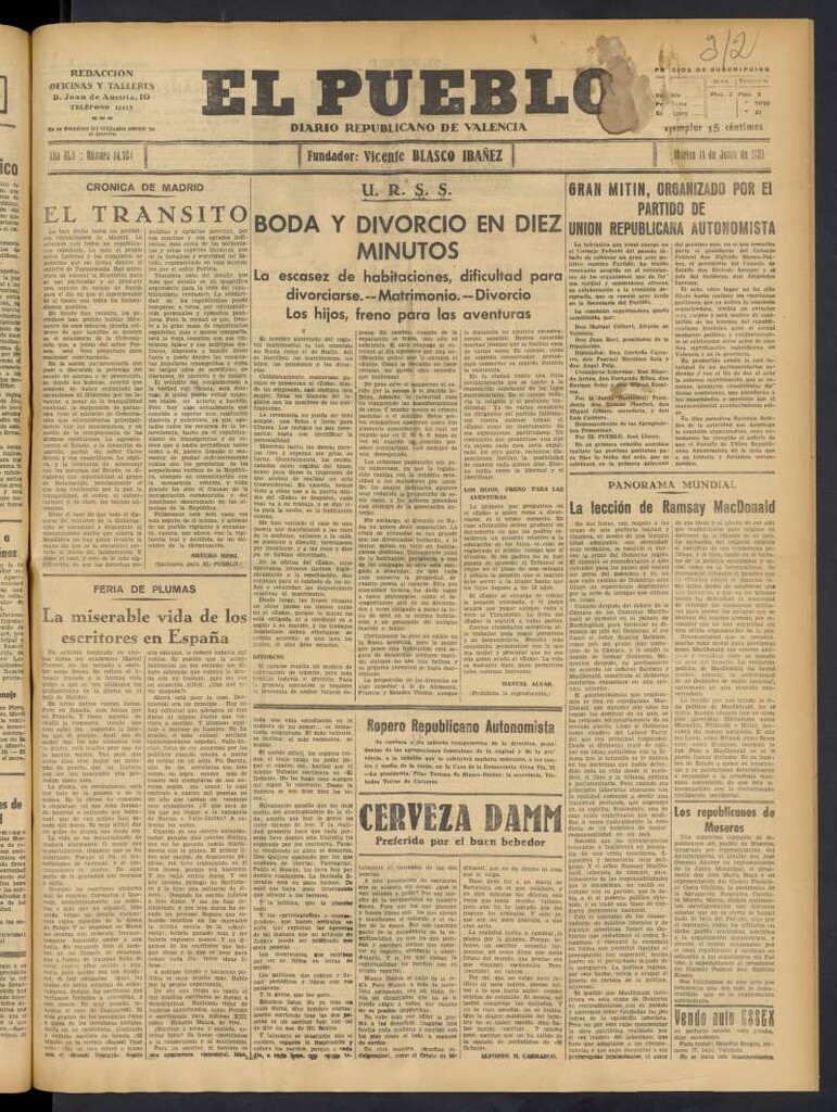Miniatura de El Pueblo : Diario republicano de Valencia del 11 de junio de 1935, nº 14.704