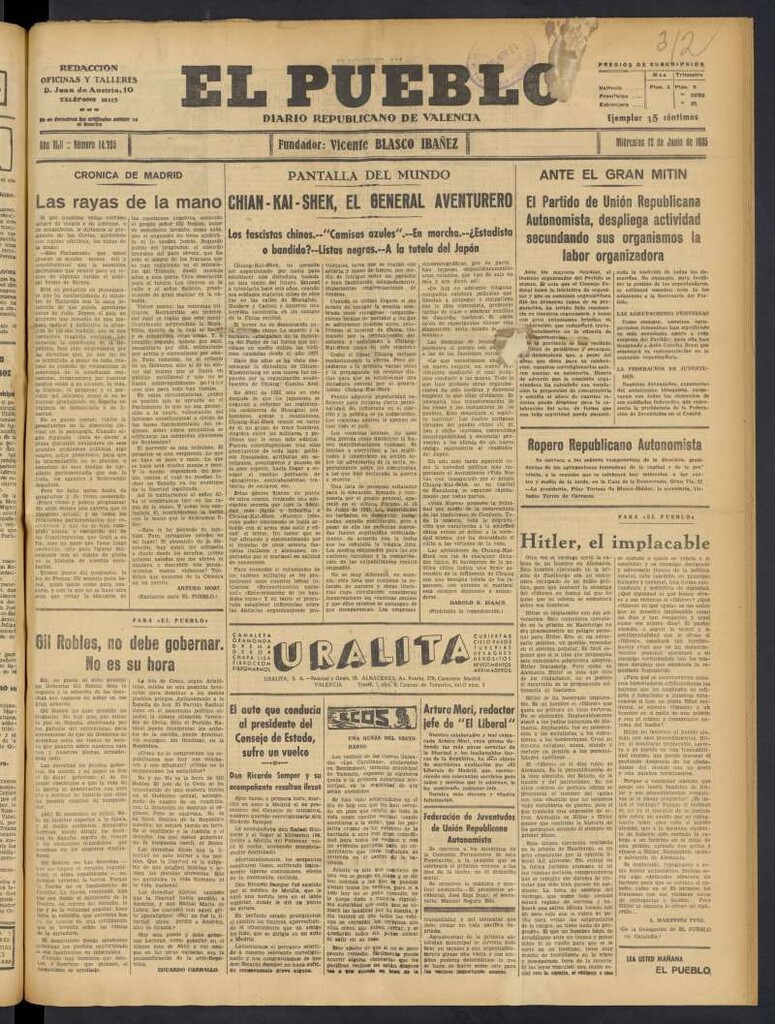 Miniatura de El Pueblo : Diario republicano de Valencia del 12 de junio de 1935, nº 14.705