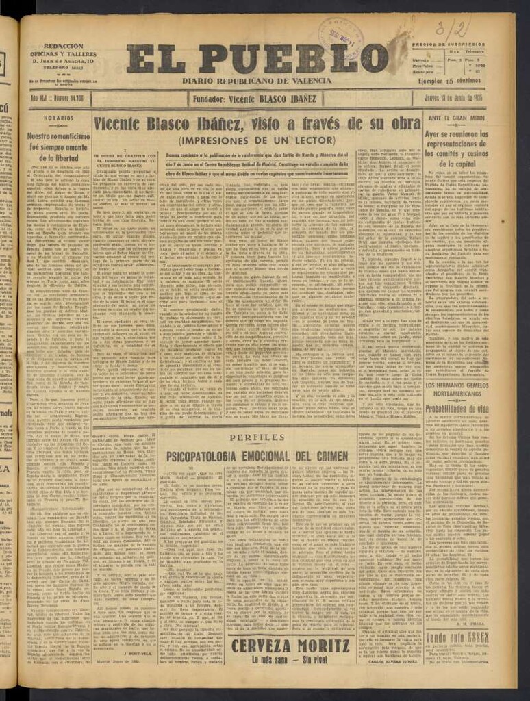 Miniatura de El Pueblo : Diario republicano de Valencia del 13 de junio de 1935, nº 14.706